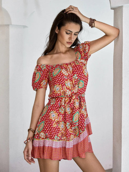 'Hira' Printed Short Sleeve Mini Dress - Celes Fashion